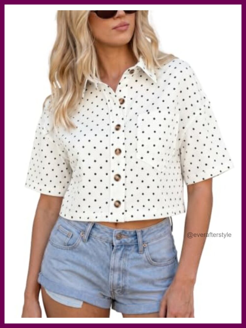 Women's Cropped Denim Jacket Short Sleeve Button Down Polka Dot Shirt